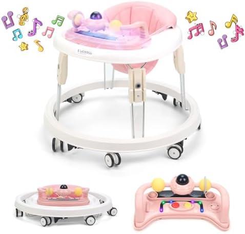Baby Walker with Wheels,Music and Lights Baby Walker for Boys Girls 6-12 Months,Foldable Baby Walkers and Activity Center,Toddler Infant Walker with 7-Speed Height Adjustment,Detachable Plate,Pink