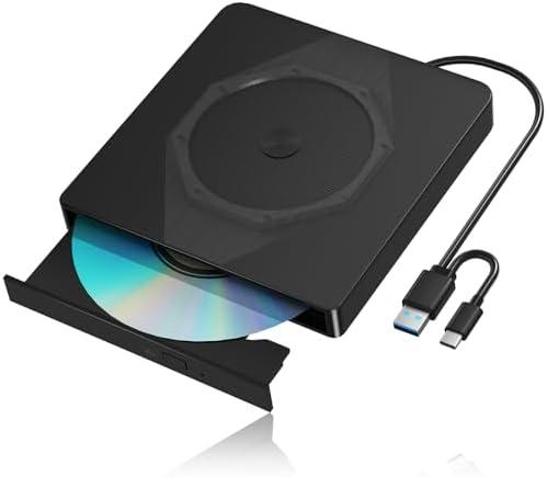 External CD/DVD Drive for Laptop, USB 3.0 and Type-C CD Rom External Drive for PC, Portable and Slim CD Burner for Laptop Desktop, Usb CD/DVD External Drive Compatible with Windows Linux Mac OS Vista