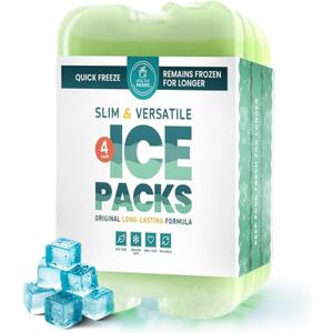 Healthy Packers Reusable Ice Packs for Lunch Boxes - Long Lasting Slim Freezer Packs, Thin Non-Toxic BPA-Free Hard Gel Ice Blocks for Coolers, Kids & Adults Lunch Bags, Travel, Camping, Food Storage (Green (4 Pack))