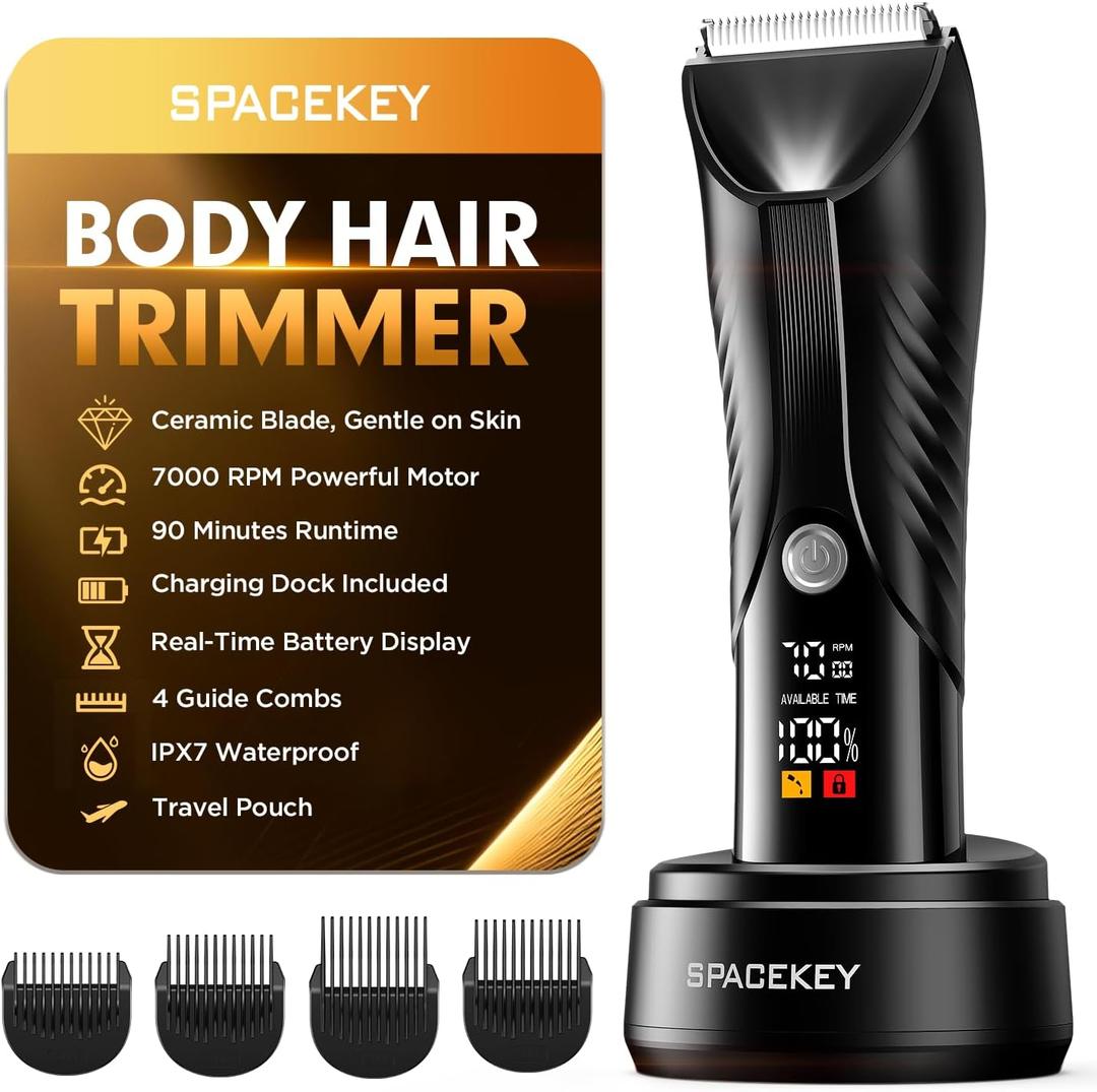 Spacekey Electric Body Hair Trimmer - IPX7 Waterproof Ball Trimmer for Men with LED Light, Wet/Dry Groomer, USB-C Rechargeable, Travel Bag Included - Men's Pubic, Groin and Body Shave