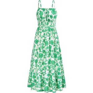 GRACE KARIN Summer Dresses for Women 2026 Vacation,Smocked Floral Maxi Dress,Boho Beach Sundress with Pocket Fashion Clothing (Green, L)