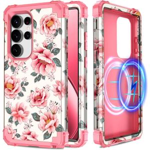 Hekodonk for Galaxy S25 Ultra 5G Case,Compatible with MagSafe,Heavy Duty Shockproof Protection Hard Plastic+Silicone Rubber Hybrid Protective Case for Samsung Galaxy S25 Ultra 5G,Pink