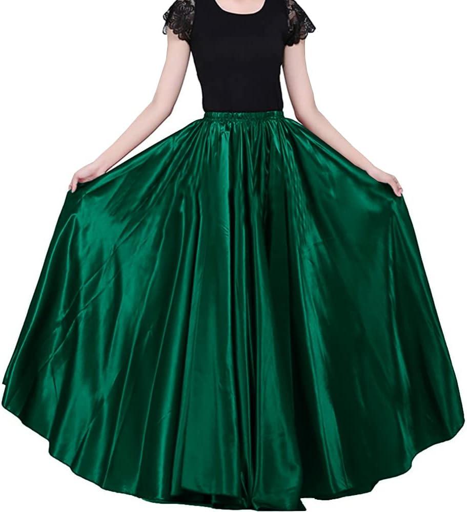 Ladies 90cm Satin Maxi Midi Skirt Long Dress Elastic Waist for Belly Dance Princess Party Cosplay Costume (One Size, Deep Green)