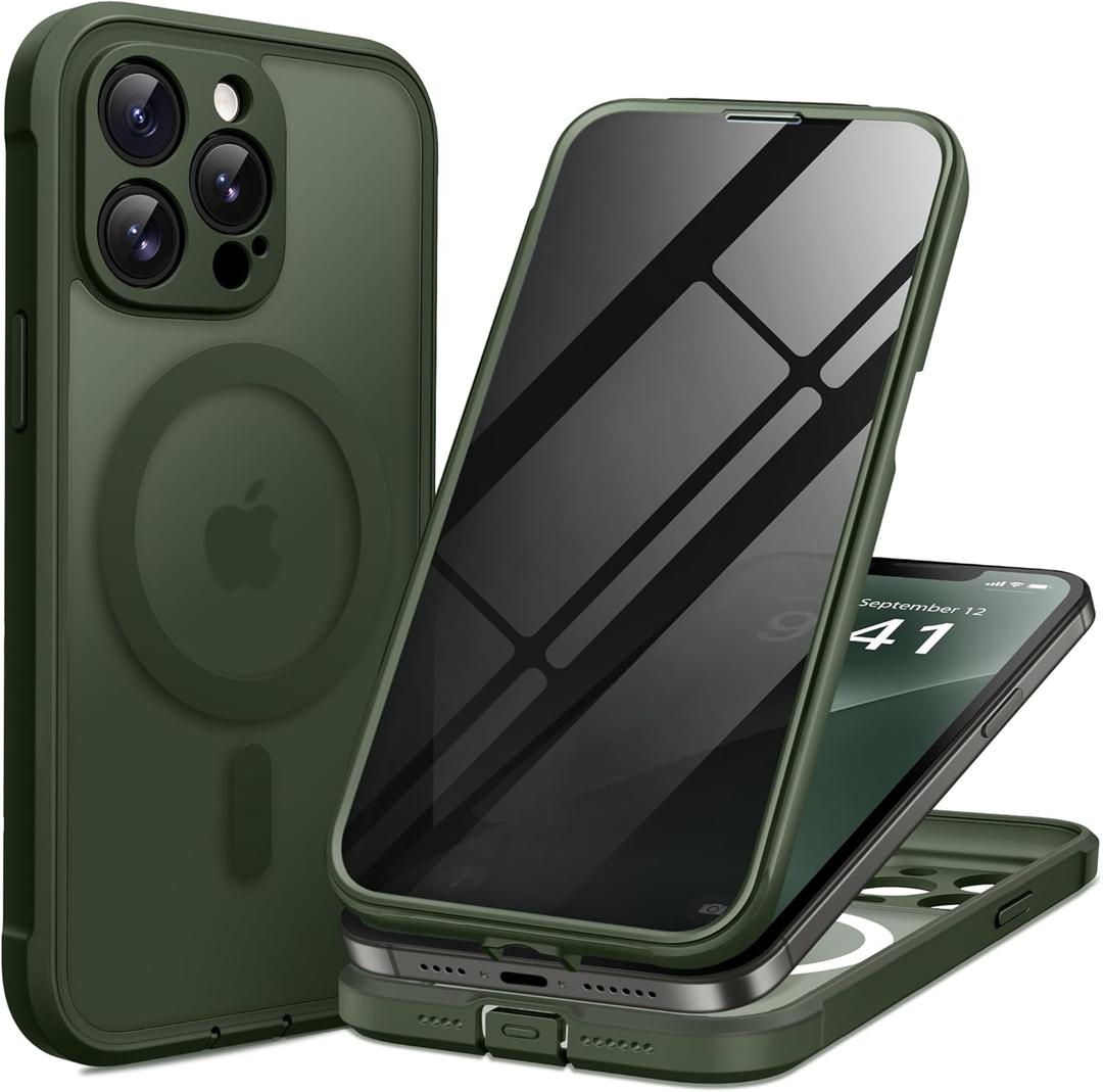 BERFY for iPhone 12 Pro Max Case, Compatible with MagSafe, Built-in Privacy Screen Protector and Camera Protection, Anti-Spy Full Body Shockproof Phone Case for 12 Pro Max 6.7", Matte Green
