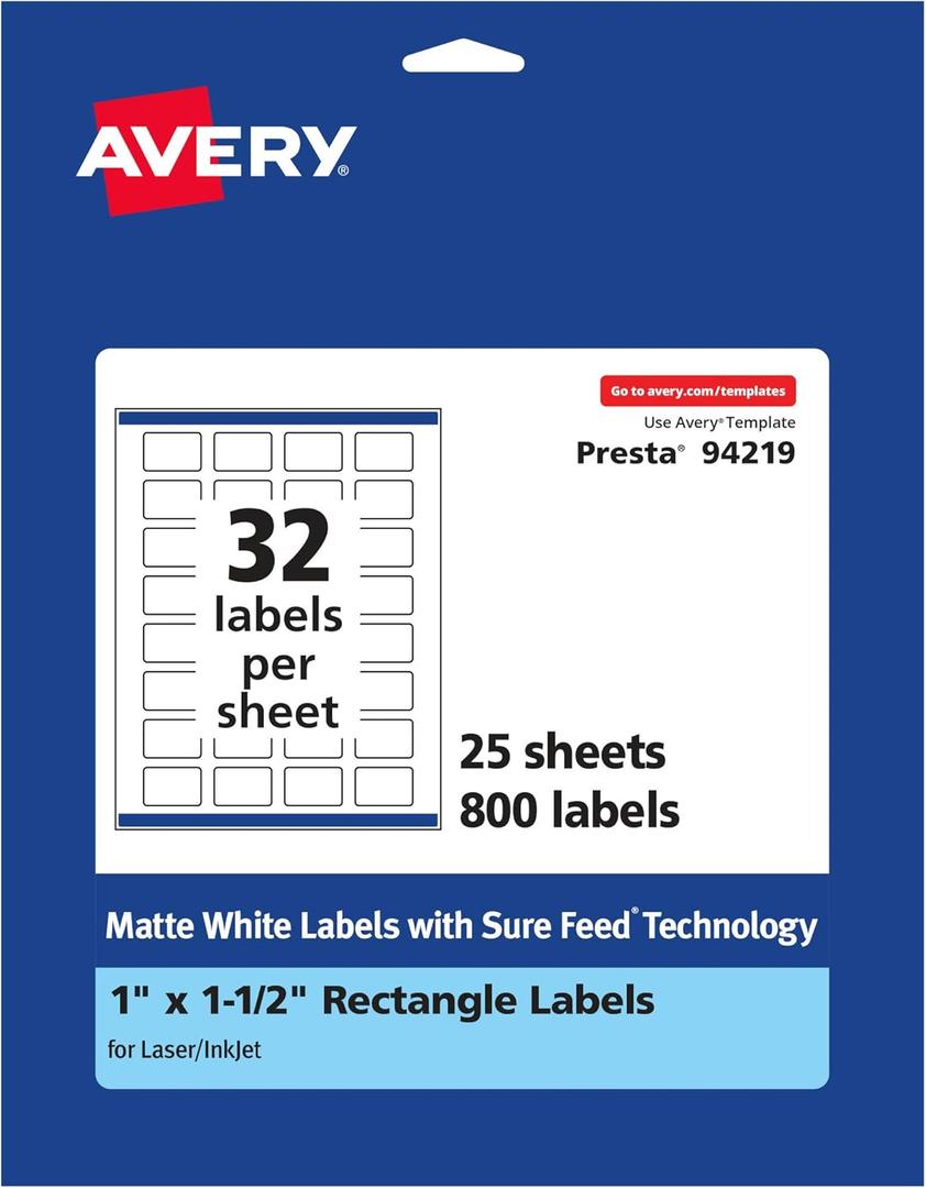Avery Matte White Rectangle Labels, Sure Feed Technology, 1" x 1.5", 800 Matte White Printable Labels