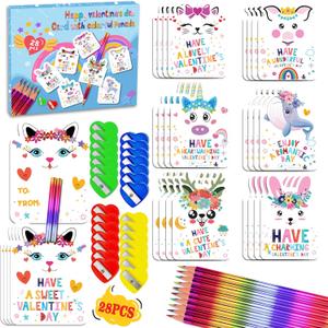 28 Pack Valentines Day Cards Gifts for Kids School, Greeting Cards with Rainbow Pencils & Pencil Sharpener, Cute Animal Classroom Exchange Cards, Valentine Party Favors for School Valentines Day (White)