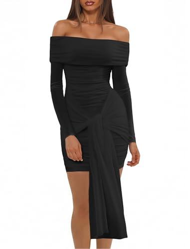 Ophestin Off The Shoulder Mesh Dress Long Sleeve Ruched Bodycon Dress for Women Tie Waist Dresses Black, Large