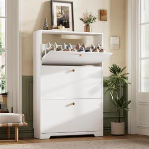 Nicetree Shoe Cabinet with 3 Flip Drawers, Narrow Shoe Organizer Cabinet, Freestanding Shoe Rack Cabinet, Morden Shoe Storage Cabinet for Entryway, Hallway, Foryer, White