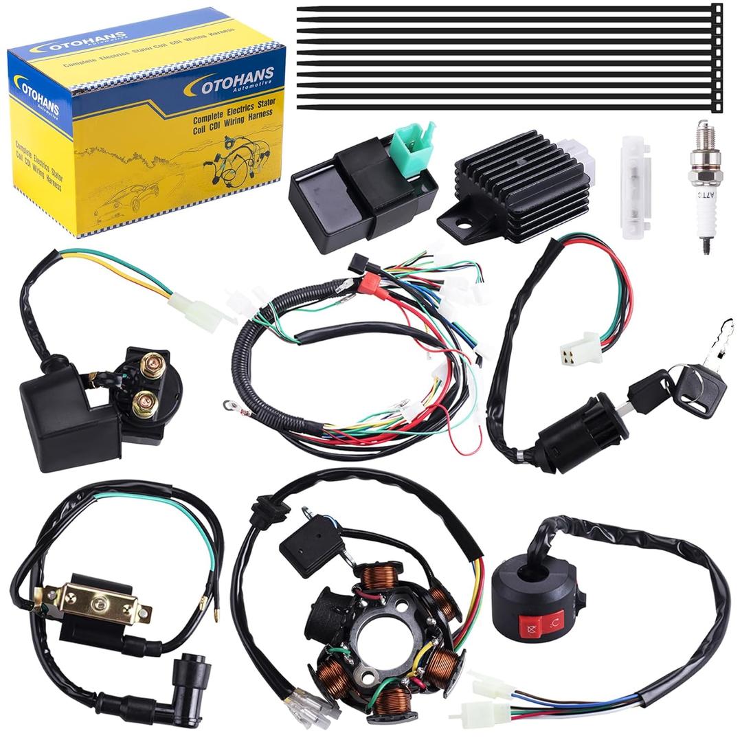 Complete Electrics Wiring Harness Coil Stator Solenoid Relay CDI Spark Plug for 4 Wheelers Stroke ATV 50cc 70cc 90cc 110cc 125cc Go Kart Pit Quad Dirt Buggy Bike Parts by OTOHANS AUTOMOTIVE