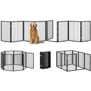 Vantas Folding No-Assembly Metal Pet Gate 160" Wide, 32" Extra Tall Dog Gate with Door Walk Through, Freestanding Accordion Puppy Gate Dog Door for Indoor & Outdoor, with 4PCS Support - Black, 