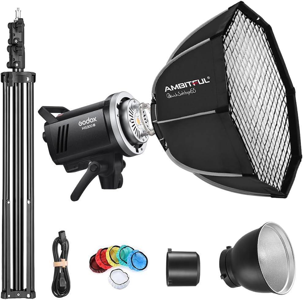 Godox MS300V Strobe Light Kit, 300W Studio Strobe Light, 2.4G Wireless System, Recycle Time 0.11.8S, Bowens Mount LED Modeling Lamp with QS65 Quick Installation Softbox + Light Stand