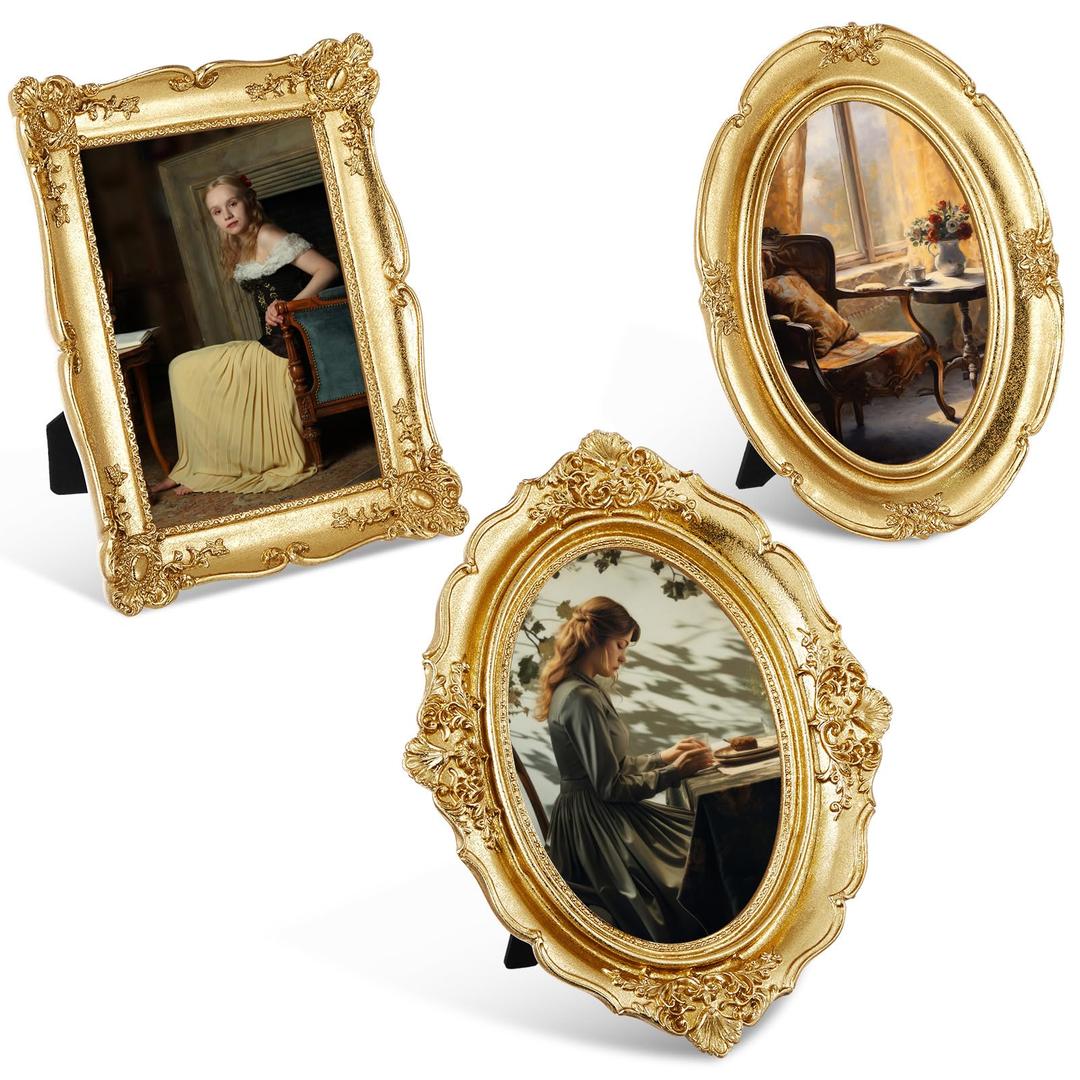 2 Pcs Gold Vintage Picture Frame Set Antique Oval Picture Frames 4x6, 5x7 Inch Baroque Photo Ornate Frames with Glass Gift for Tabletop Hanging Wall Art Wedding Home (Retro Style)