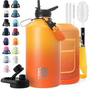 1 Gallon Water Bottle Insulated | Thickened Stainless Steel Vacuum Metal Water Jug | Portable Sports Large for Gym and Hiking with Straw, Carrier Bag, Handle Strap | BPA-Free 128 oz (Gradient Orange)