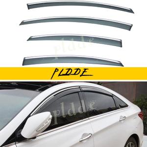 4pcs Window Visors Compatible with 11-14 Sonata i45 YF 15 Hybrid Smoke Tint with Chrome Trim Outside Mount Tape On/Clip On Style PVC Sun Rain Guard