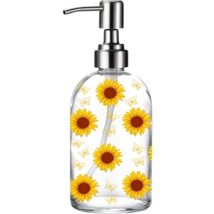 Simple Glass Soap Dispenser with Rust Proof Pump, Kitchen Dish soap Dispenser for Kitchen Shower, Sunflower