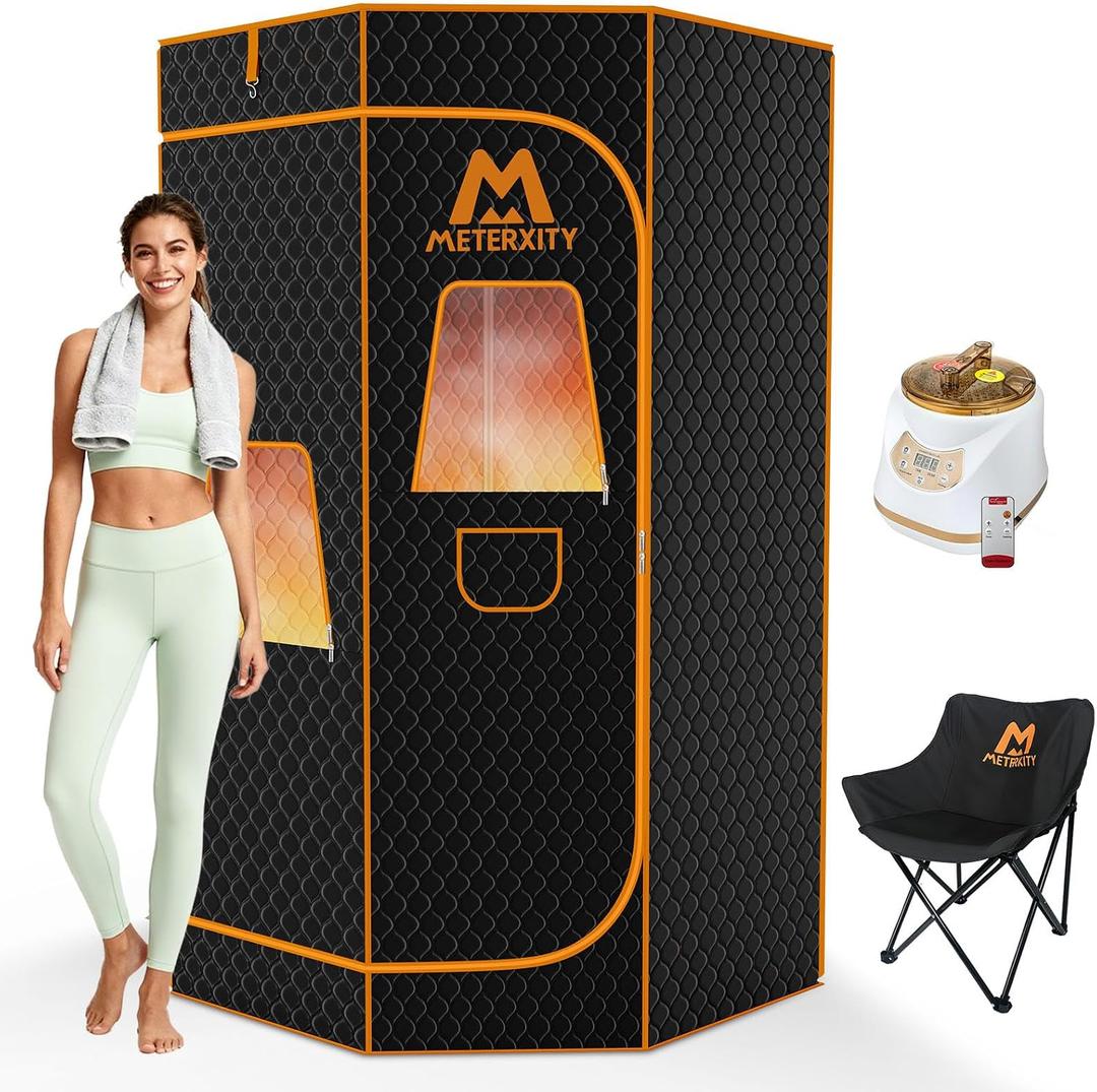 M METERXITY Portable Sauna for Home, Thickened 600D Steam Sauna Tent, Home Sauna Box with 3L 1500w Steamer, 9 Levels Heat, Folding Chair, Remote Control