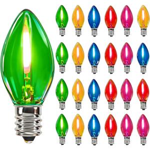 25 Pack C7 Clear Multicolor Christmas LED Light Bulbs, Vintage C7 Replacement Bulbs for Outdoor Christmas String Lights, 0.6W Night Light Bulb for Xmas Tree Patio Party, E12 Intermediate Base, Glass