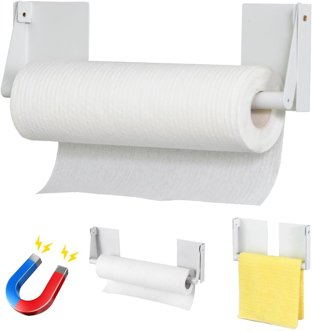 Magnetic Paper Towel Holder - Adjustable Heavy Duty Strong Magnet for Large Rolls - Fits Refrigerator, Grill,Garage,Dorm Mini Fridge - Rust-Resistant Steel Kitchen Organizer,White(2x3In)