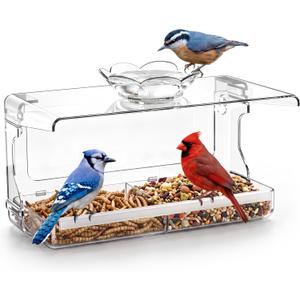 WENMIXER Window Bird Feeder with Non-Marking Self-Adhesive Hooks, Clear and Transparent, Outdoor Wild Bird Watching Gift, Garden Decor (Standard)