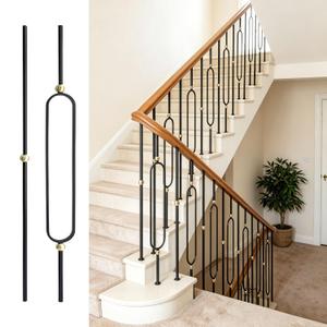 Round 5/8" * 44" Wrought Iron Balusters for Indoor Stair Railing (5 Pcs Oval Design with Brass Ball + 5 Pcs Plain with Single Brass Ball) Matt Black, New Design Hollow Metal Staircase Balusters.
