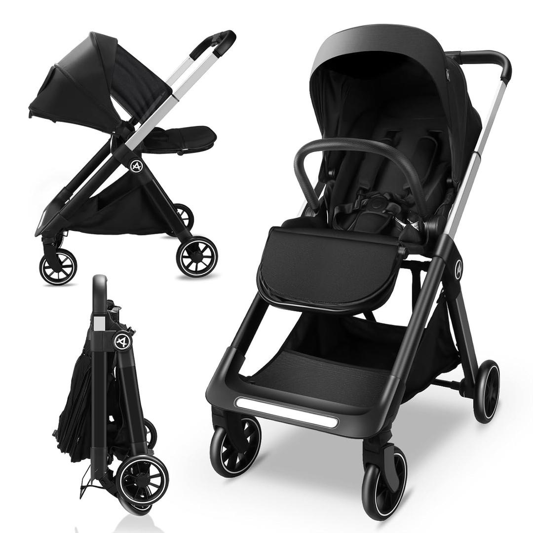 Reversible Baby Stroller, Foldable Toddler Stroller with Reversible Seat, Hidden Foot Cover & Sleep Shade, 4-Wheel Shock- Absorbing, Infant Pram Pushchair for 0-3 Year Old (Max 22KG)