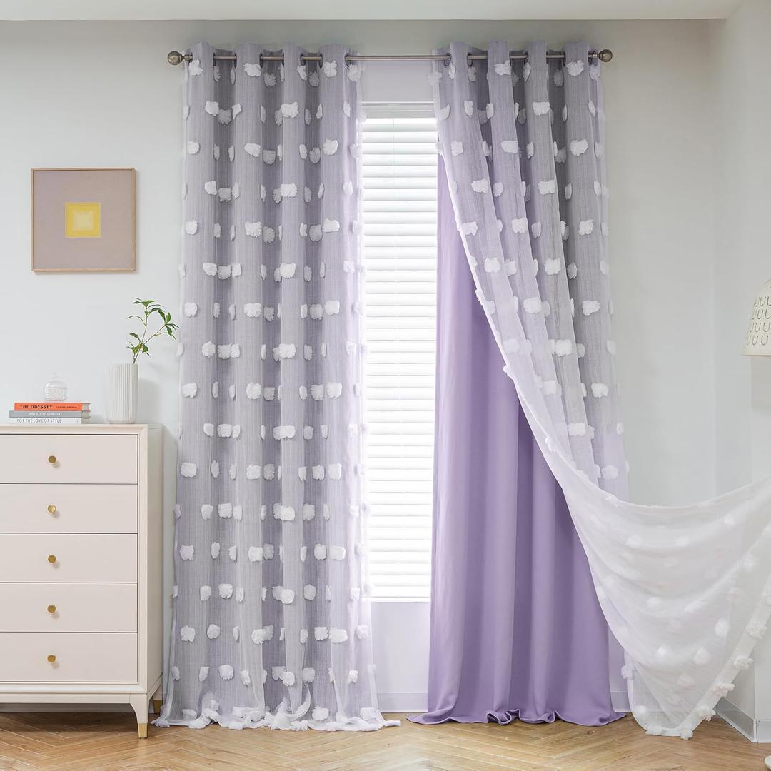 MYSKY HOME Lilac Curtains for Living Room 84 Inches Long Pom Pom White Sheer Curtains for Girls Room Nursery Curtains Double Layer for Toddler Bedroom Grommet Room Darkening Window Panels 52 x 84 in