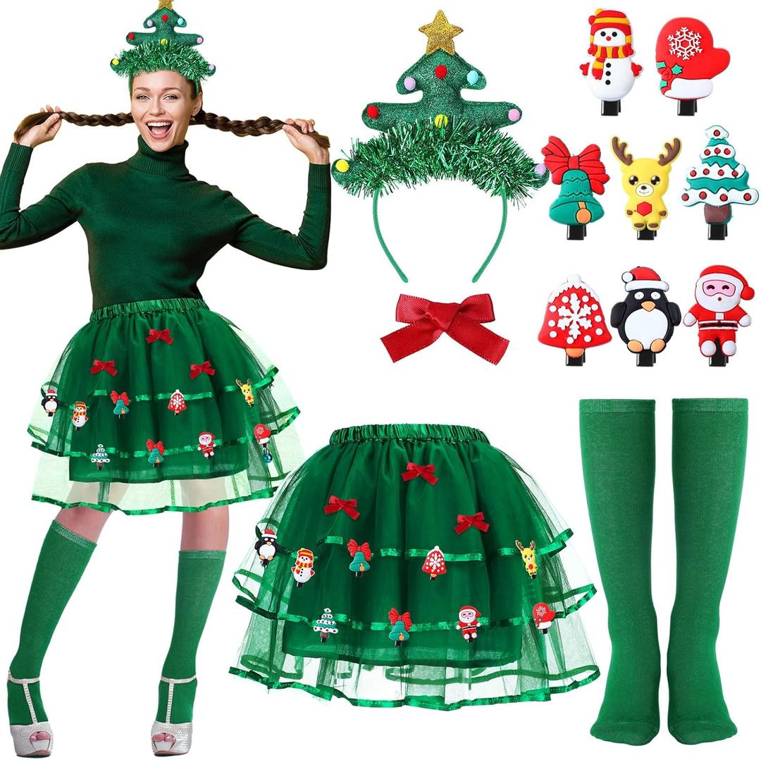 JenPen 4 Pcs Christmas Tree Costumes for Women Xmas Tutu Skirt Christmas Tree Headband Socks Xmas Outfit for Costume Bow Clips