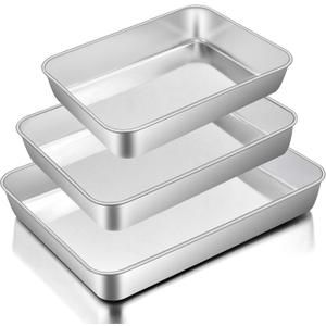 E-far Baking Pans Set of 3, Stainless Steel Sheet Cake Pan for Oven - 12.5/10.5/9.4Inch, Rectangle Bakeware Set for Cake Lasagna Brownie Casserole Cookie, Non-toxic & Healthy, Dishwasher Safe