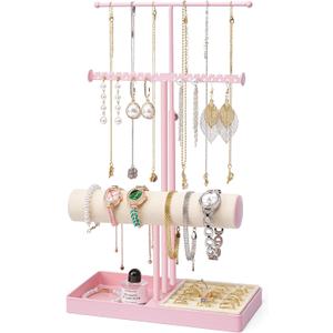 Pink Jewelry Organizer Stand, 3-Tier Necklace & Bracelet Holder with Velvet Ring Tray, Cute Aesthetic Jewelry Tree Storage Rack for Earrings & Rings  Perfect for Women & Girls