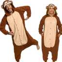 Funziez! Adult Onesie Halloween Costume Animal Dinosaur Shark Unisex Plush One Piece Cosplay Suit for Adults, Men and Women (Monkey)