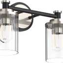 Bathroom Lighting Fixtures Black and Brushed Nickel Bathroom Vanity Light with Cylindrical Clear Stripes Glass Lampshade E26 Socket Base Bathroom Lighting Fixtures Over Mirror (2 Lights)