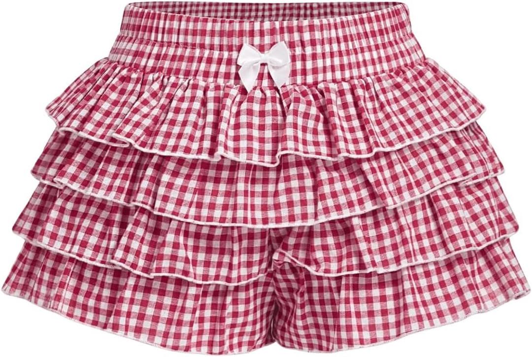 Women's Y2K Gingham Short Elastic Waist Bow Knot Shorts Tiered Layer Ruffle Mini Shorts (XX-Large, Red and White)