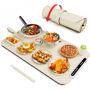 Food Warming Mat, iTRUSOU 27.5x16'' Electric Warming Tray with 7 Temp-Settings, Switchable Fahrenheit/Celsius, 99h Timer, Foldable Food Warmer Keep Food Warm at Buffet, Party, Sabbath, Daily Use, Beige