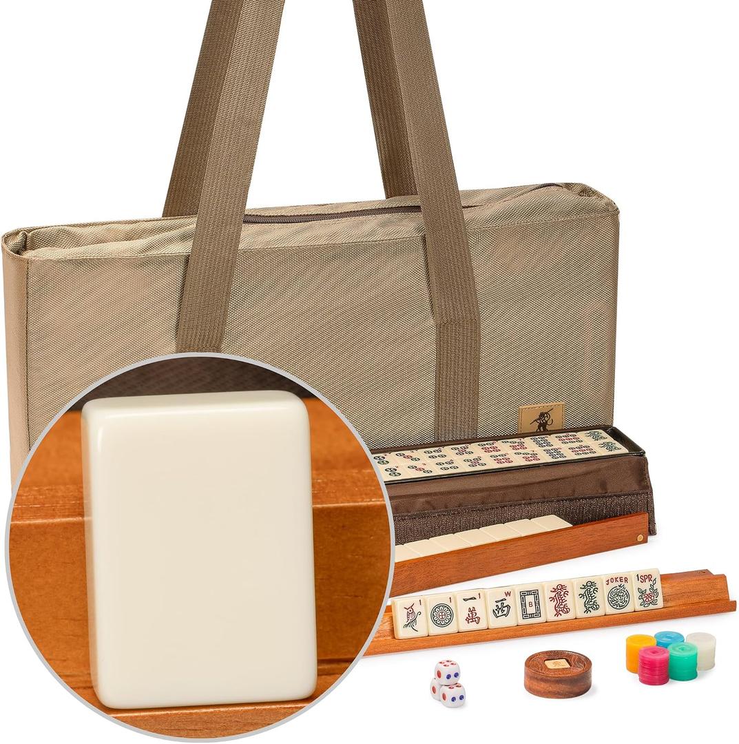 Yellow Mountain Imports American Mahjong Set, Mojave (Ivory) with Brown Soft Case, All-in-One Racks with Pushers, Wright Patterson Scoring Coins, Dice, & Wind Indicator, 21.7 X 10.6 X 3 Inches