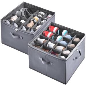 INSTY 2 Pack Shoe Organizer for Closet,Fits up to 32 Pairs,Adjustable Dividers for Shoe Storage,Fabric Shoe Storage Bins with Clear Cover,Grey