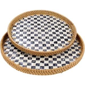 2 Pcs 11.8in & 13.8in Round Rattan Mother of Pearl Inlay Serving Tray