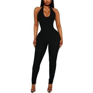 Women's Halter Bodycon Black Jumpsuits - One Piece Backless Leopard Summer Casual Workout Club Pants Rompers Outfits Catsuits, Size S