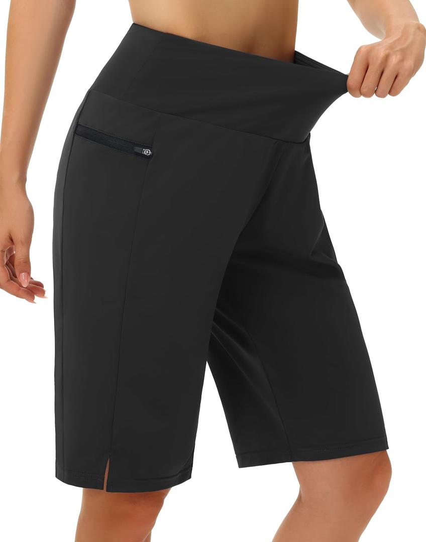 MIVEI Women's 11" Long Swim Board Shorts - High Waisted Quick Dry Beach Swimming Shorts with Zipper Pocket Liner UPF50+ (Black, XXL)