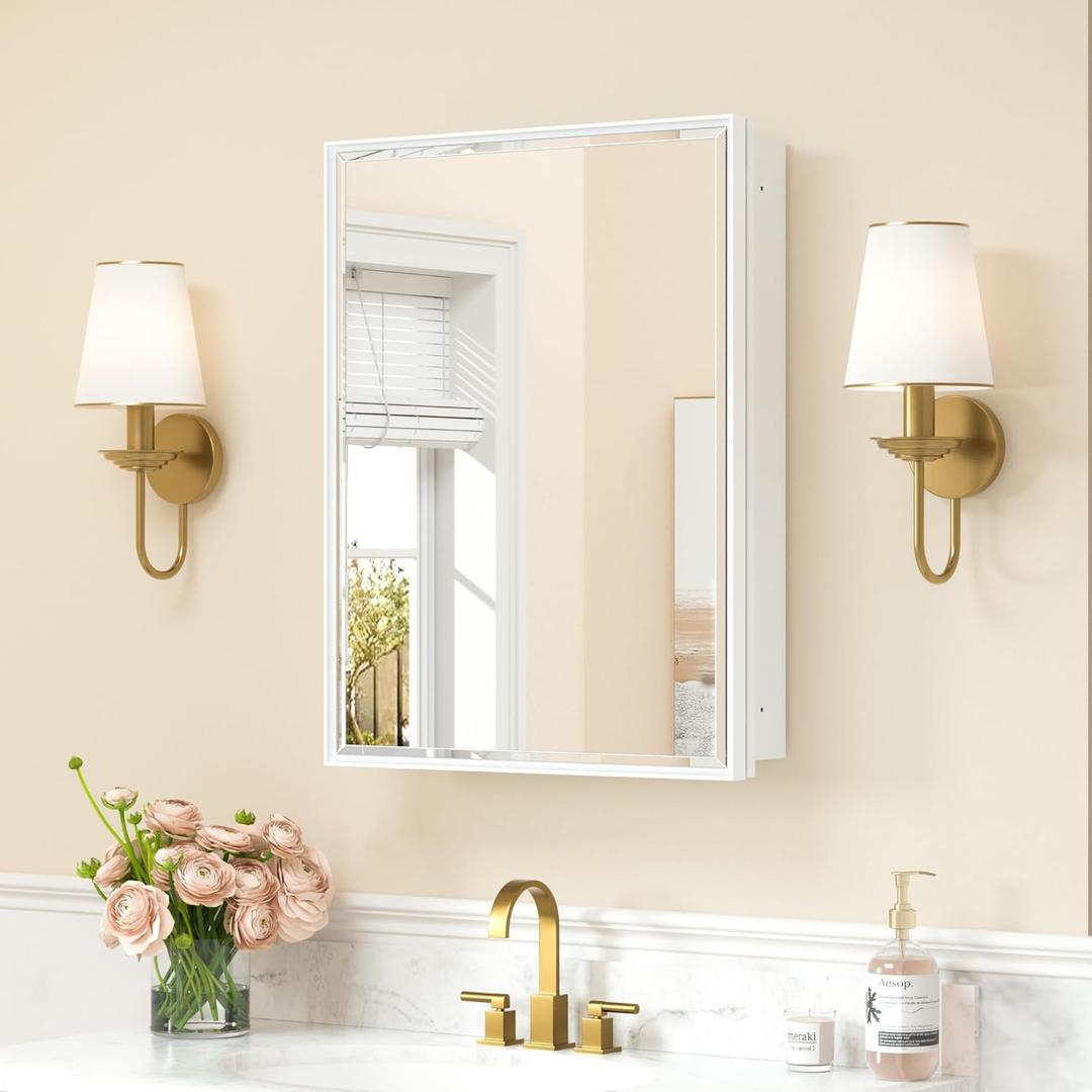 Keonjinn 20" x 26" White Medicine Cabinets for Bathroom with Mirror, Recessed or Surface Wall-Mounted Aluminum Alloy Framed Beveled Mirror, Single Door Farmhouse Bathroom Mirror with Storage Cabinet, White