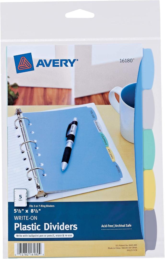 Avery Write & Erase Durable Plastic Mini Dividers for 3 Ring Binders and 7-Ring Binders, 5.5" x 8.5", 5-Tab Set, Multicolor, 1 Set (16180)