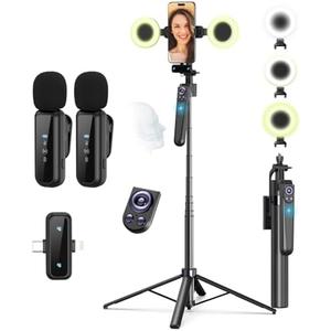 Vlogging Kit for iPhone/Android, 63” Auto Face Tracking Tripod for iPhone with Light, Wireless Microphones, Remote Control for TikTok, YouTube Starter Kit for Content Creator