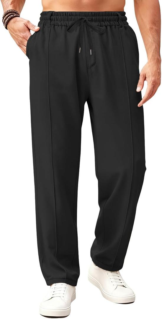 Mens Casual Pants Elastic Drawstring Waist Pants Lightweight Loose Straight Leg Long Beach Sweatpants (Black, XL)