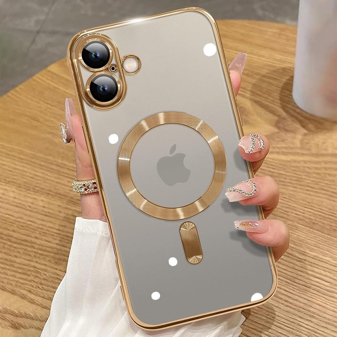 ZIYE Magnetic Case Made for iPhone 16 Plus 6.7 Inch [Compatible with MagSafe] Full Camera Lens Protection, Clear Luxury Phone Cover Soft TPU Bumper Drop Protective Case for 16 Plus Women Men, Gold