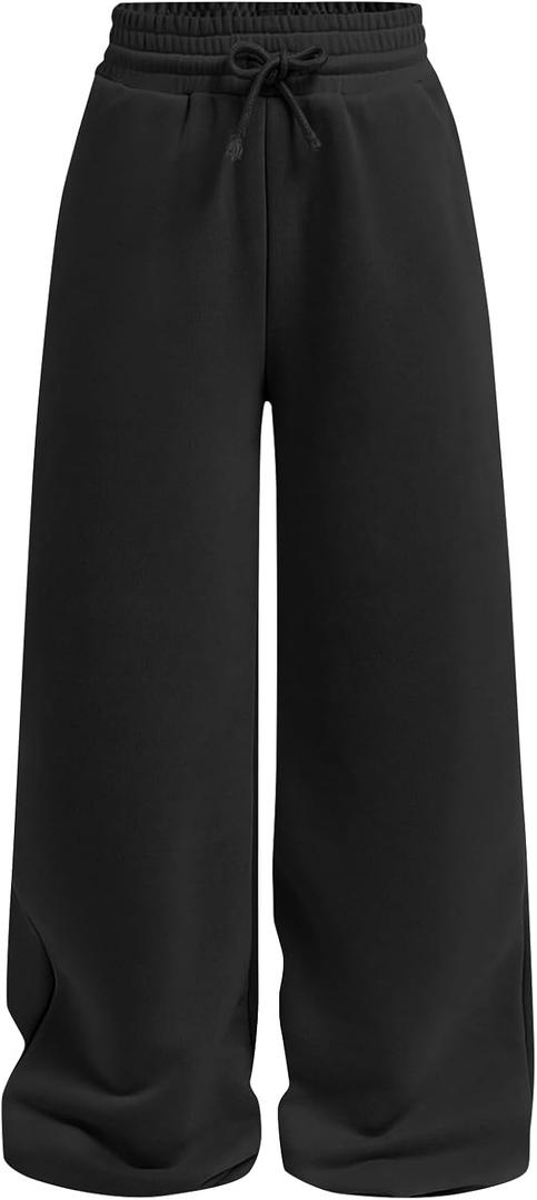Girls Wide Straight Leg Loose Sweatpants Elastic Waist Drawstring Jogger Pants Black 9-10Y