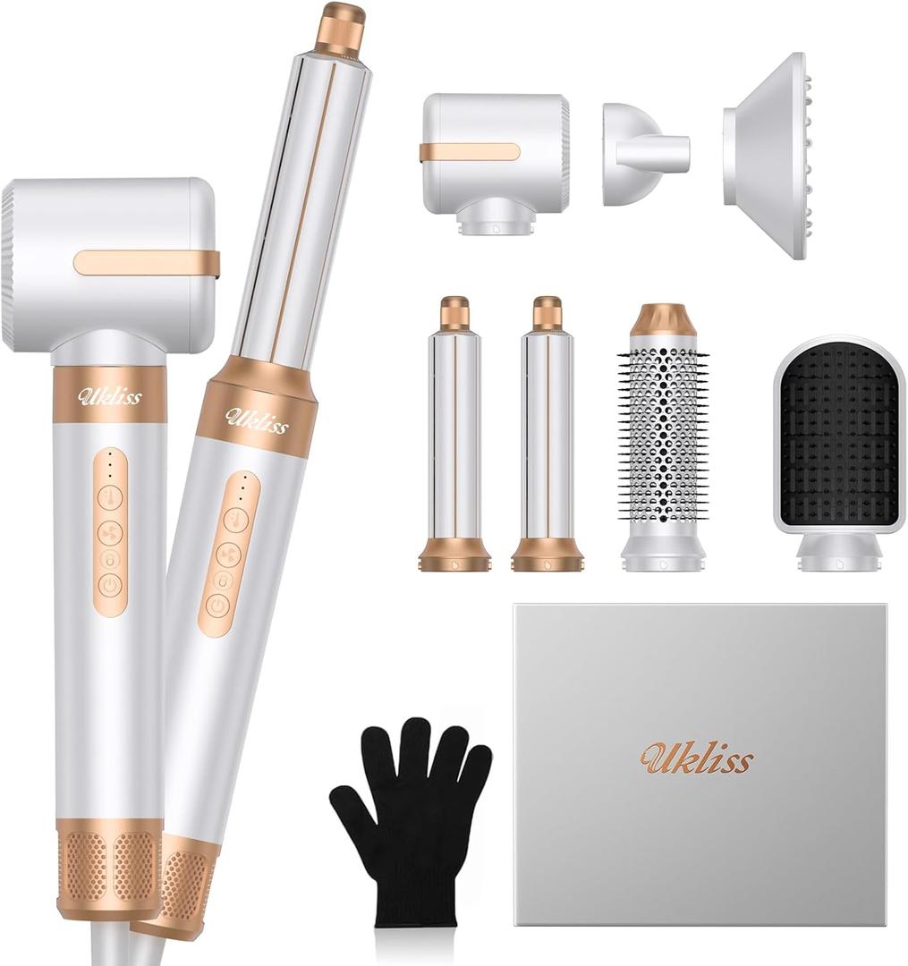 UKLISS Hair Dryer Brush 7 in 1110000 RPM Hair Dryer with Diffuser for Curly & Twisted Hair Professional Ionic Brush Blow Dryer for Salon-Quality Styling, White Gold