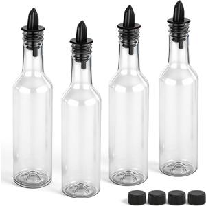 Tioncy 4 Sets 10 oz Plastic Liquor Bottles with Pourers Sets 4 Plastic Long Neck Syrup Bottles with Pourer and Caps Reusable Leakproof for Home Party Bar(Black)