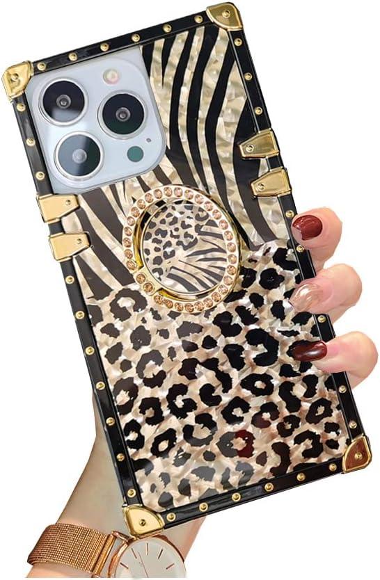 for iPhone 16 Pro Max Case Bling Luxury Trunk Box Design Gold Glitter Sparkles Cute Leopard Pattern Soft Cover with Ring Kickstand Holder for Women Girls Phone Skin