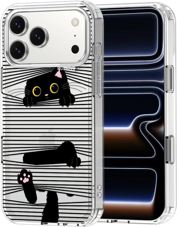 MOSNOVO for iPhone 17 Pro Max Case | Military Grade 6.6ft Drop Tested | Camera Control | Clear with Hidden Black Cat Design