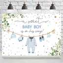 Baby Shower Backdrop for Boys Blue Gold Dots Jumpsuits A Sweet Baby Boy is On His Way Photography Background Kids Newborn Boys Birthday Party Decoration Supplies Banner Photo Booth Props 7x5ft