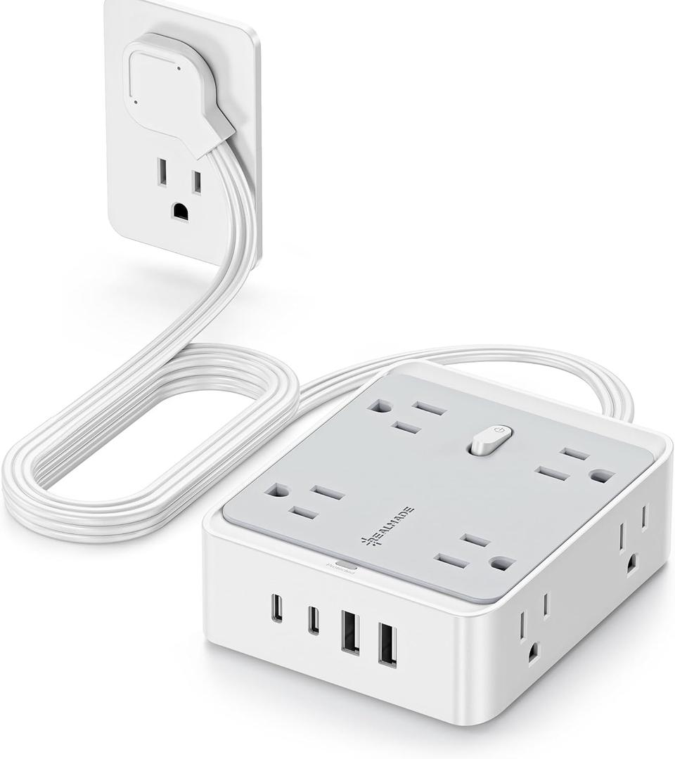 Surge Protector Power Strip, REALMADE 8 AC 4 UAB Power Strip with 950J Surge Protection, Flat Plug Outlet Extender, 10Ft Extension Cord, Wall Mount Desk Charging for Home Office Gray & White